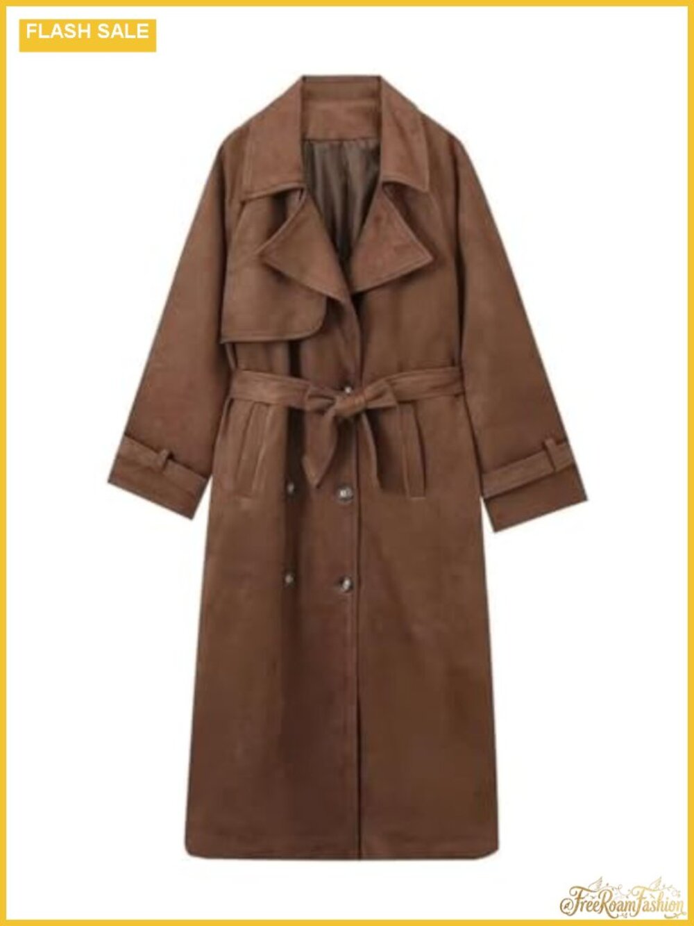 Faux Suede Long Trench Coat Double Breasted Pea Coat with Belt for Women